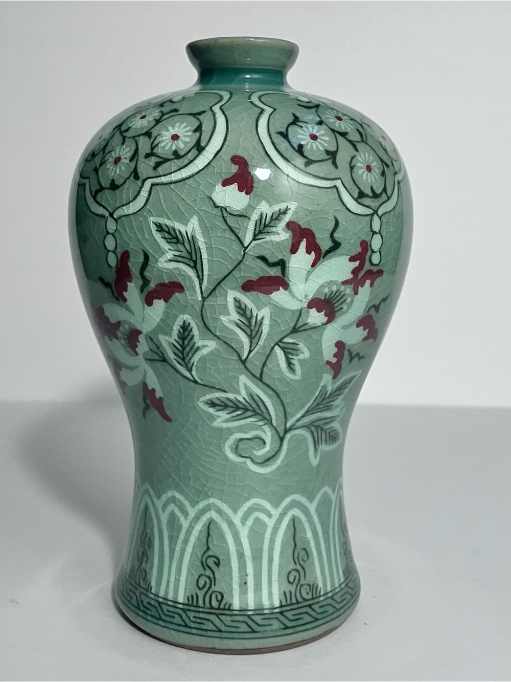 Vintage CELADON KOREAN Sanggam Inlaid MAEBYEONG VASE / Crackle Glaze / SIGNED